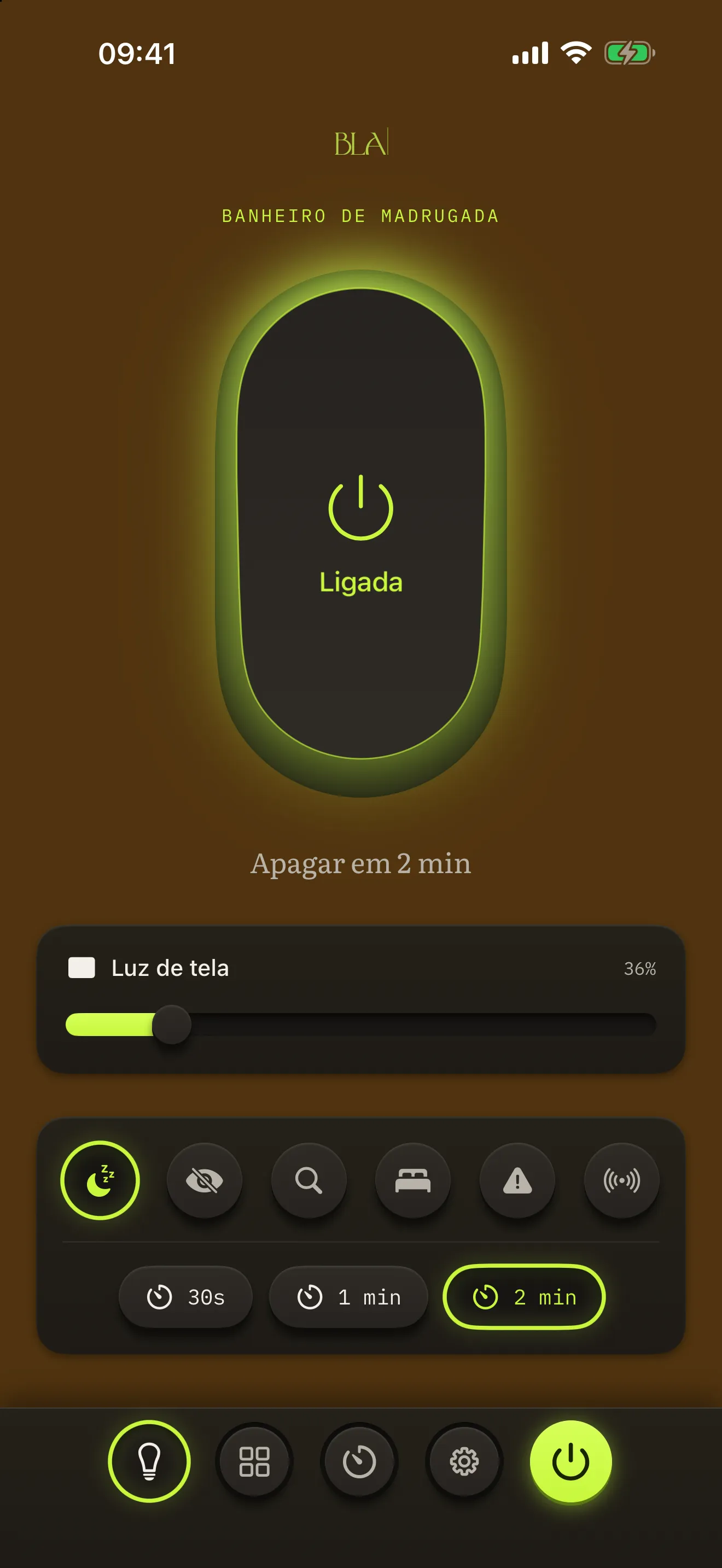 Lanterna BLA no preset Banheiro de madrugada, aceso