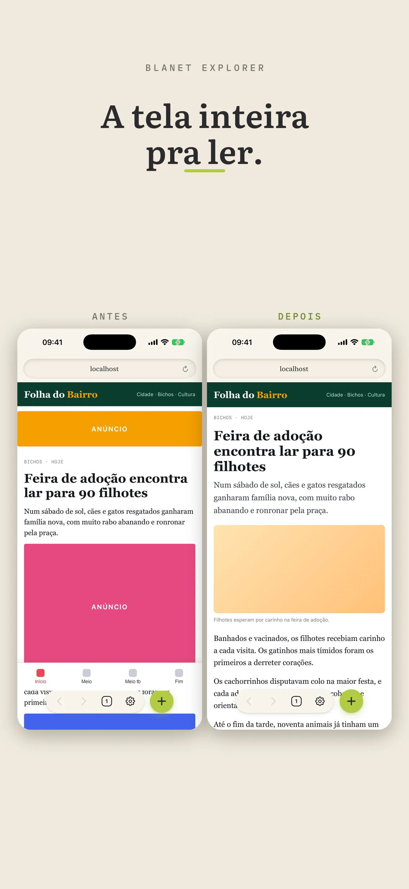 Um site com as barras fixas ainda visíveis e depois sem elas no BLAnet
