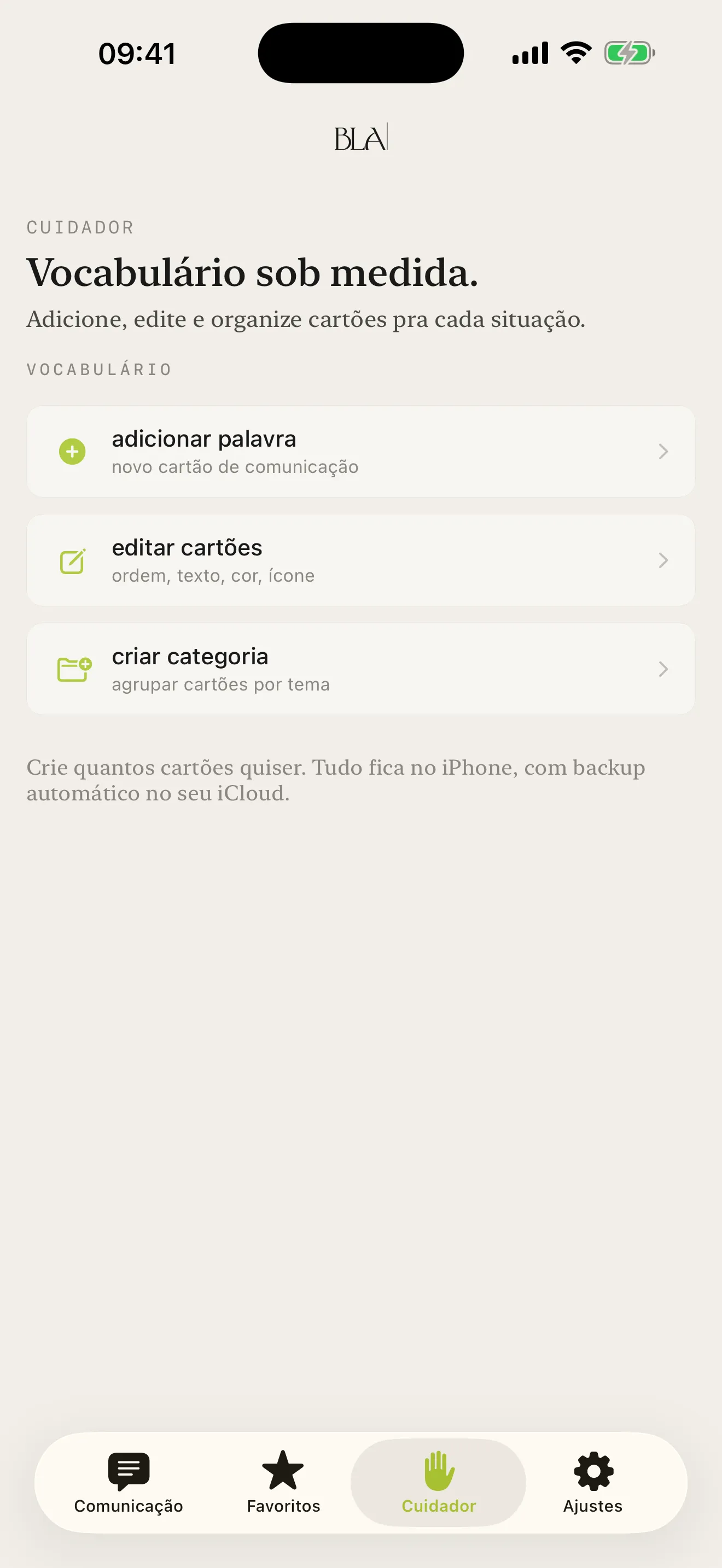 CAA Brasileiro BLA: Modo Cuidador. Adicionar palavra, editar cartões, criar categoria.