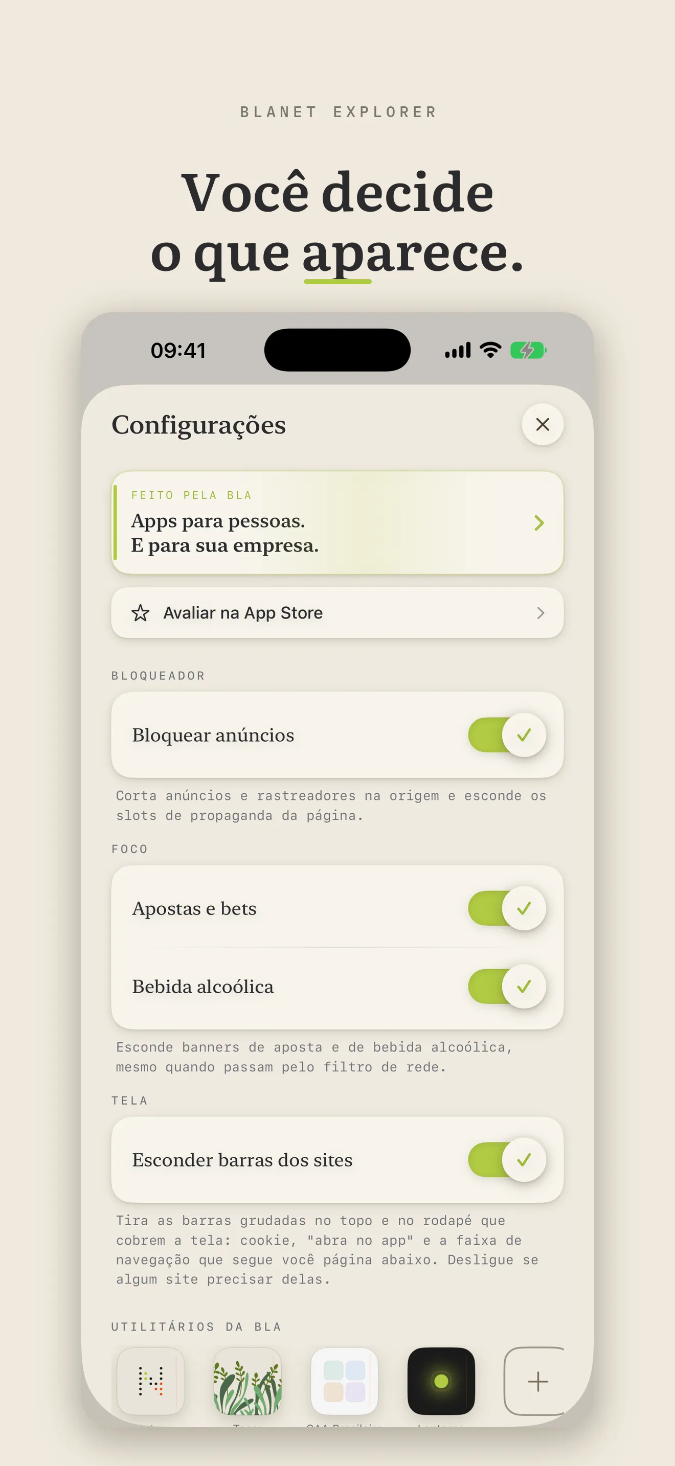 As Configurações do BLAnet, com o bloqueador já ligado