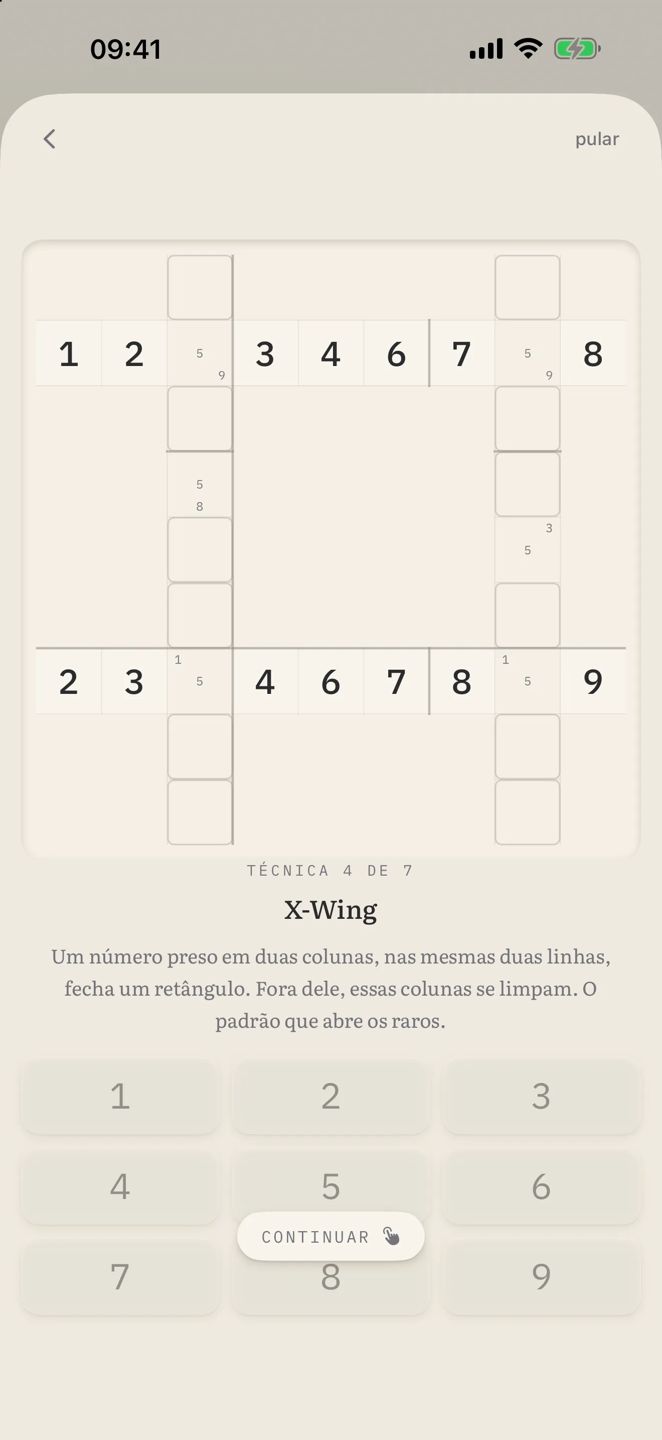Um cenário do tutorial de técnicas, mostrando o X-Wing no tabuleiro