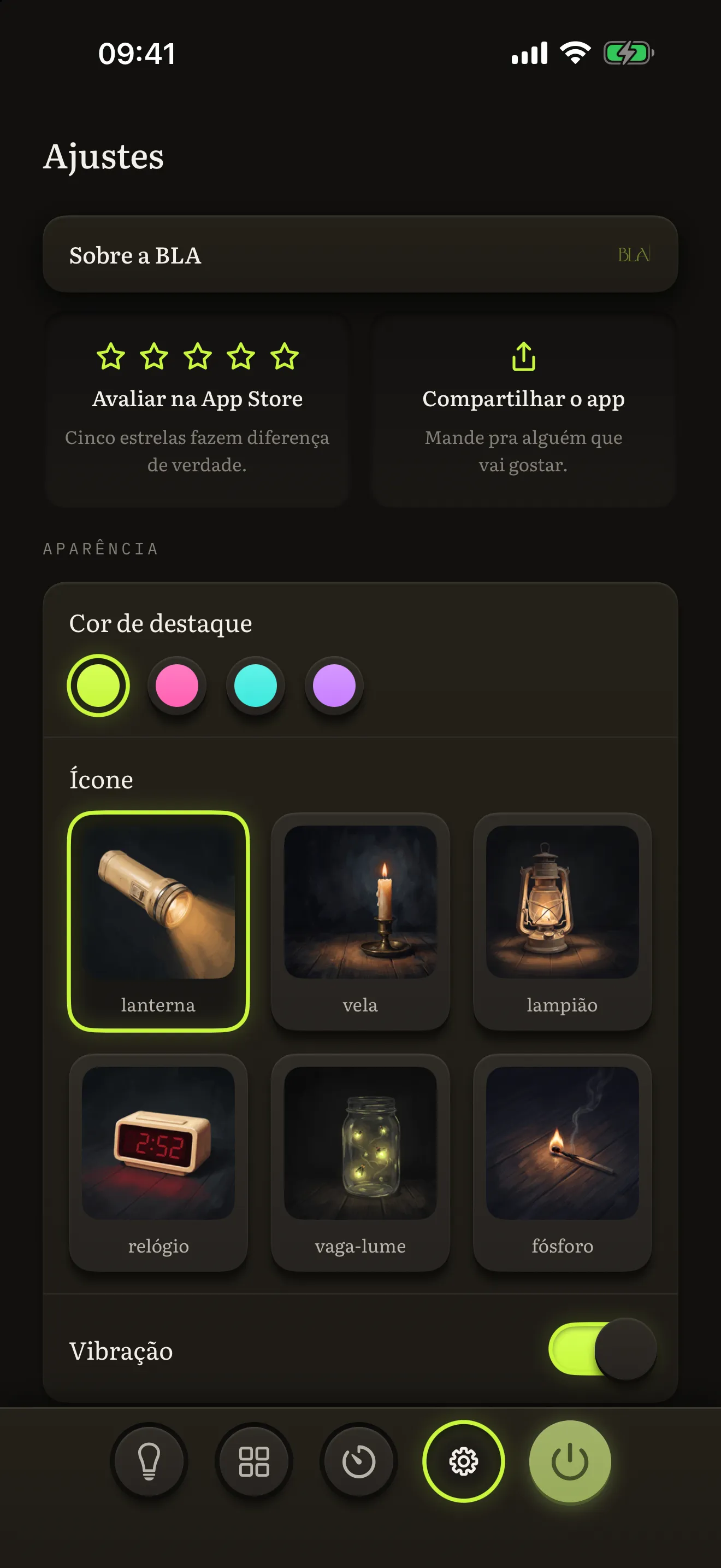 Os seis ícones do app pra escolher nos Ajustes
