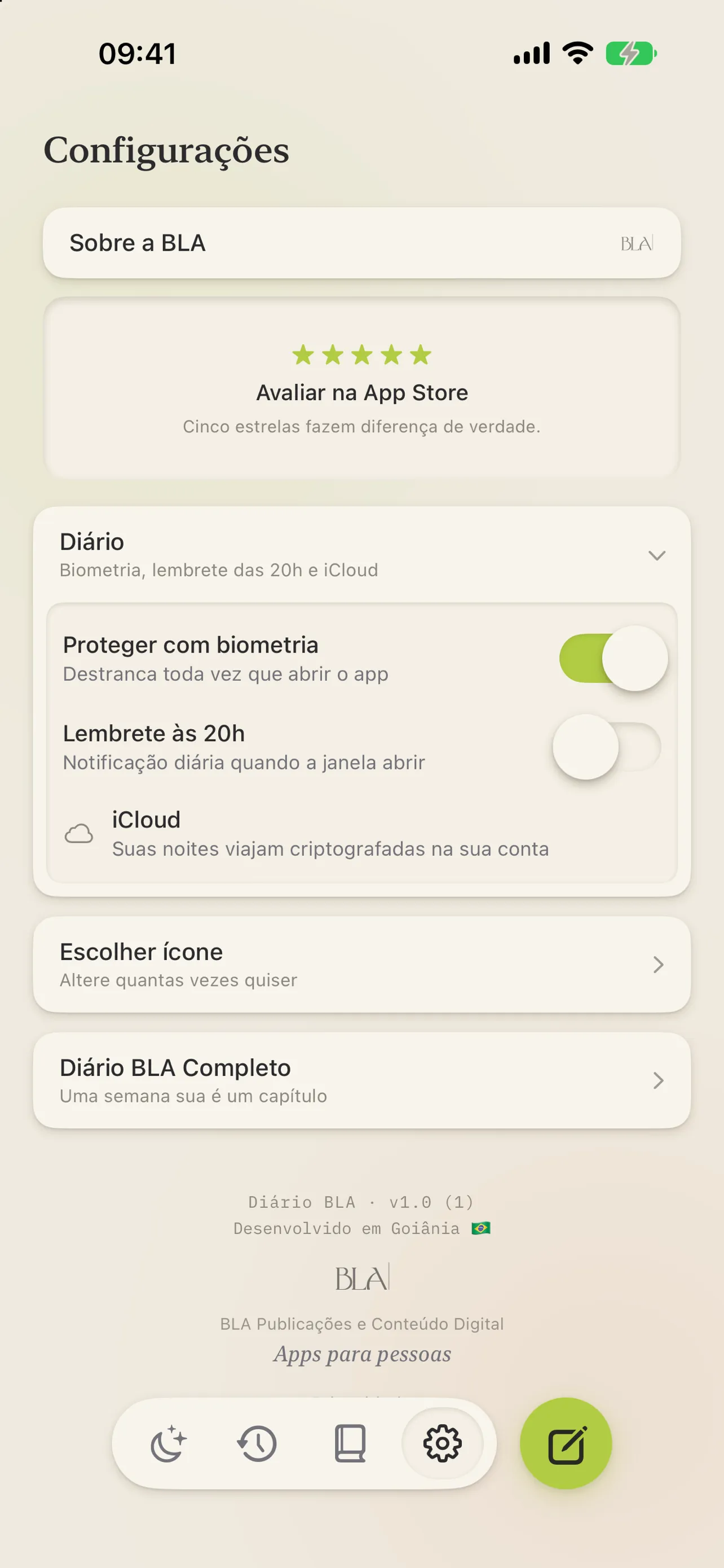 A tela de privacidade do Diário BLA, com a trava de Face ID