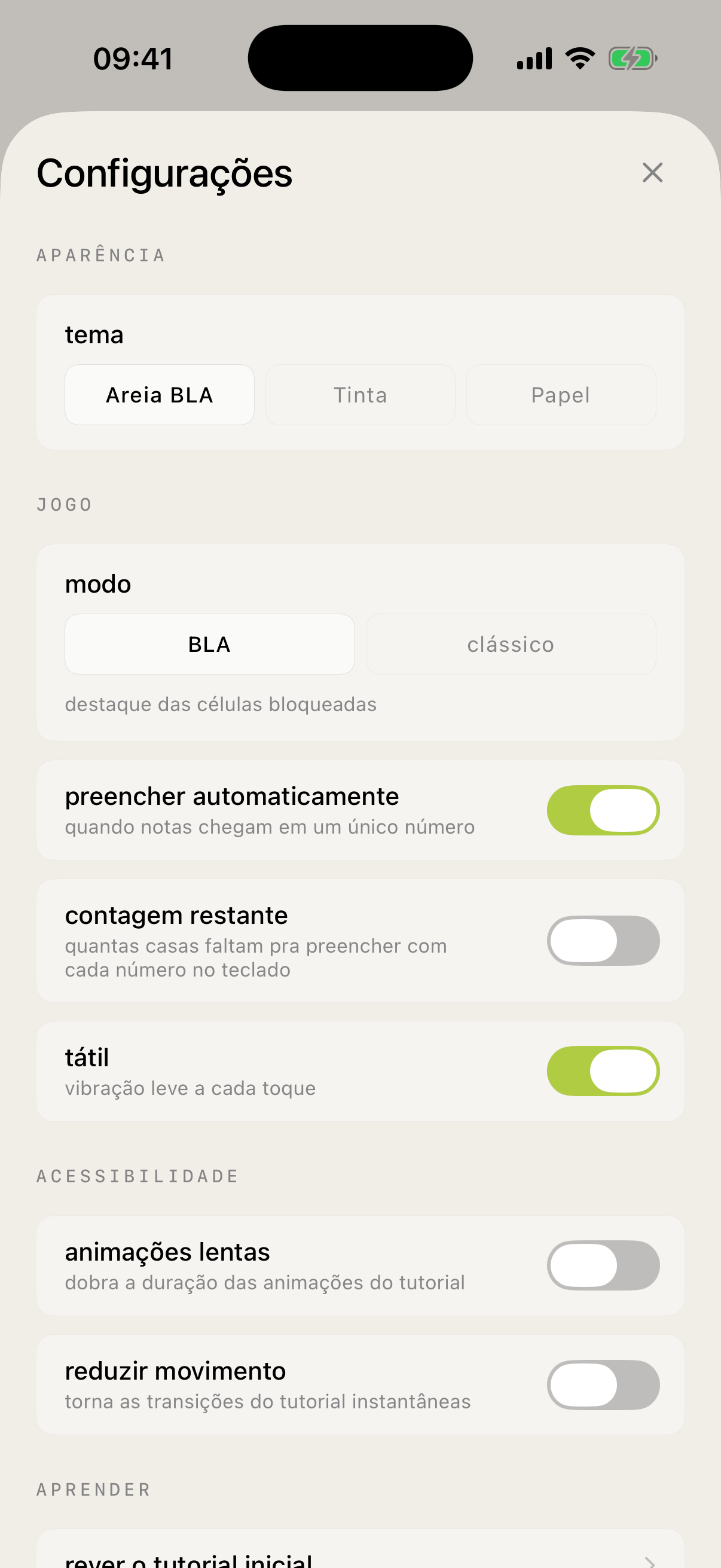 Tela de Configurações do Sudoku BLA mostrando opções de tema (Areia BLA, Tinta, Papel), modo (BLA, clássico) e ajustes de acessibilidade.