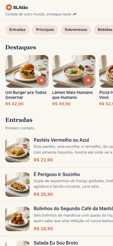Loja do BLAtão aberta no celular, com cardápio intergaláctico e pedido em andamento